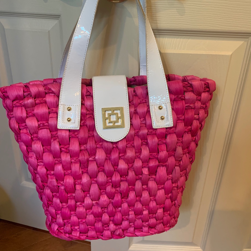 Trina Turk Pink/White Straw/Patent Leather Handbag